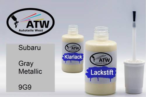 Subaru, Gray Metallic, 9G9: 20ml Lackstift + 20ml Klarlack - Set, von ATW Autoteile West.